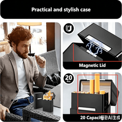 B-01-Black portable cigarette case with magnetic closure, holds 20 cigarettes for men