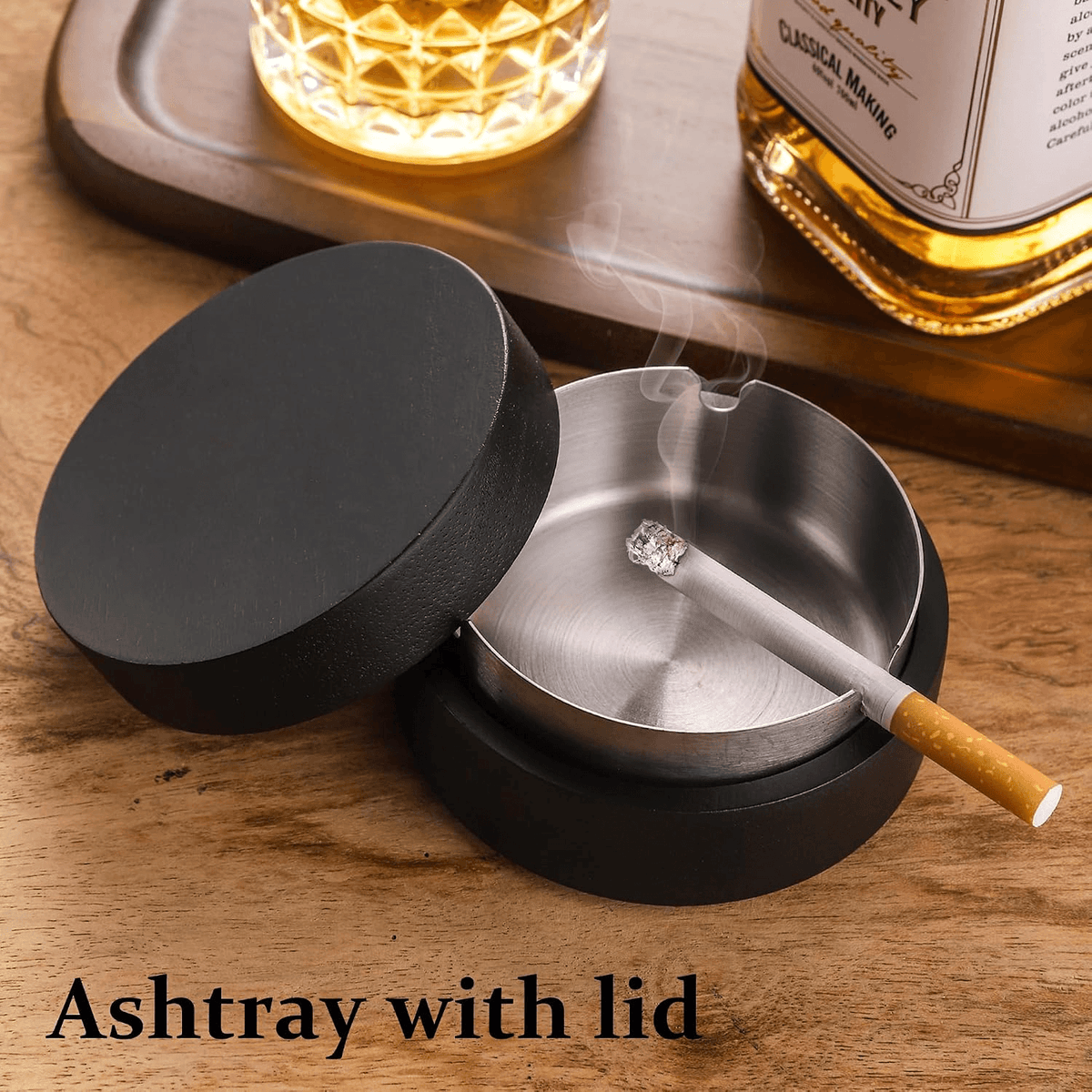 C01:Cute Ashtrays for Cigarettes Ash Tray with Lid Wooden Ashtray with Stainless Steel
